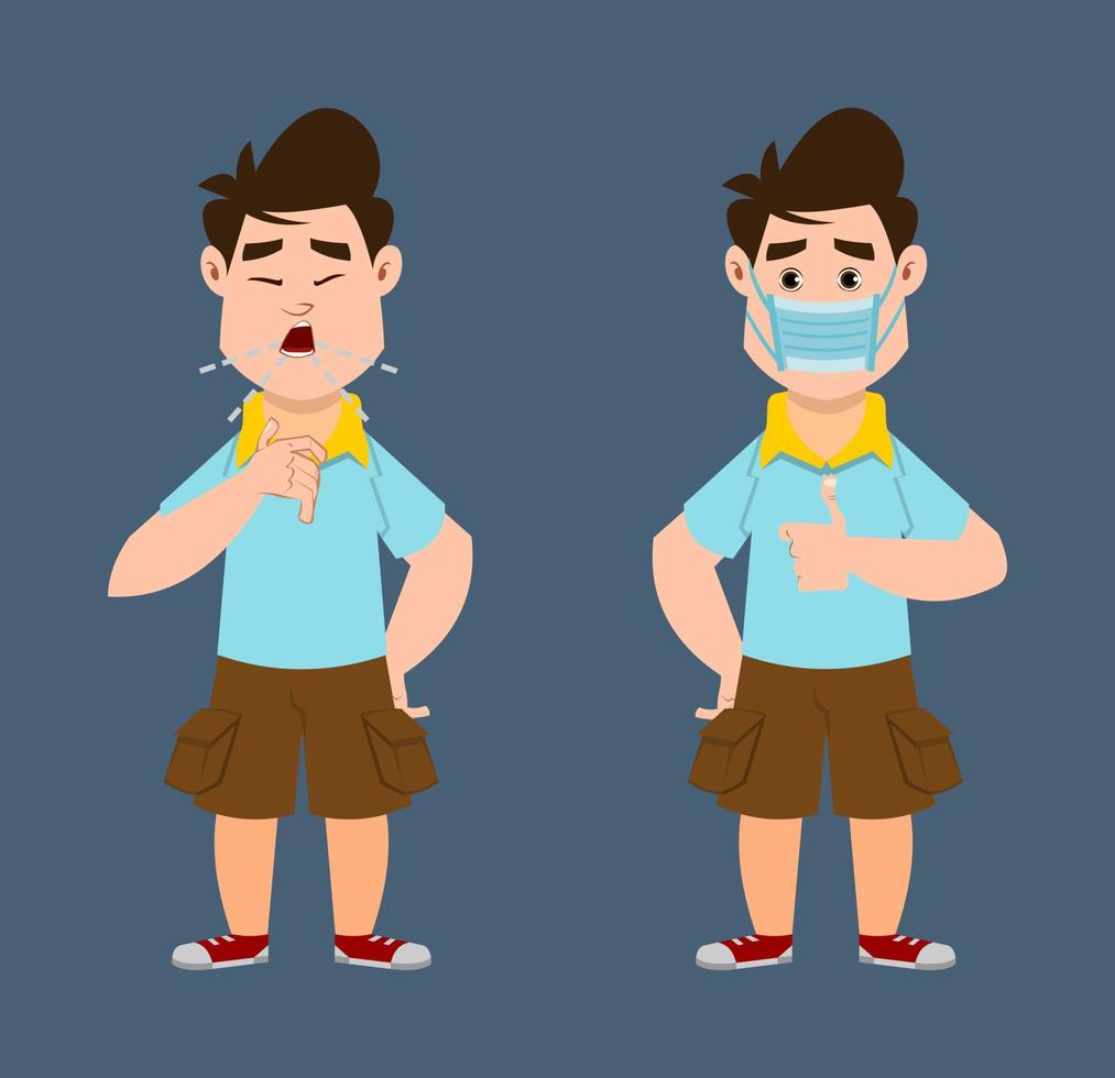 cute boy coughing and wearing protective face mask vector