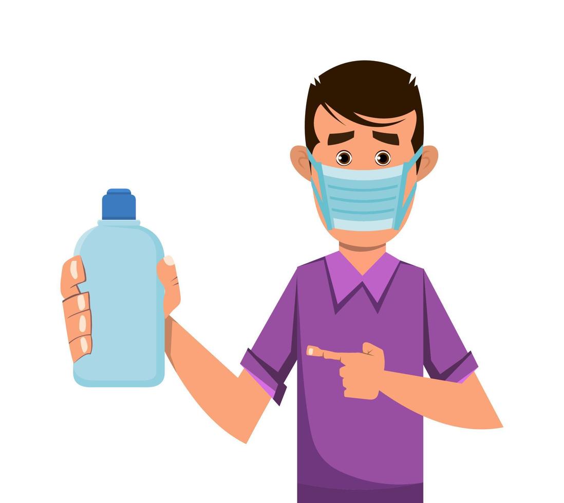 boy holding and showing sanitizer gel bottle vector