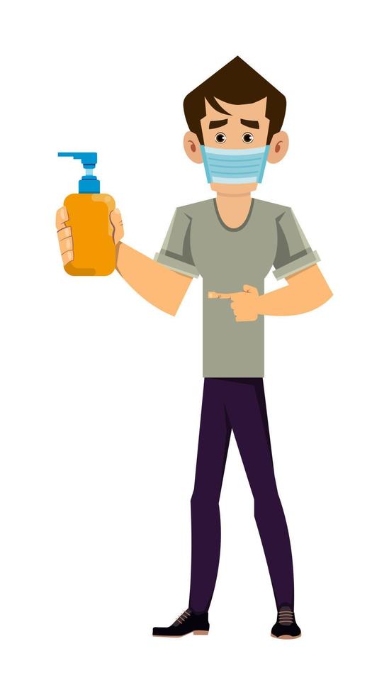 hombre con mascarilla y mostrando botella de gel de alcohol. Ilustración del concepto de covid-19 o coronavirus vector