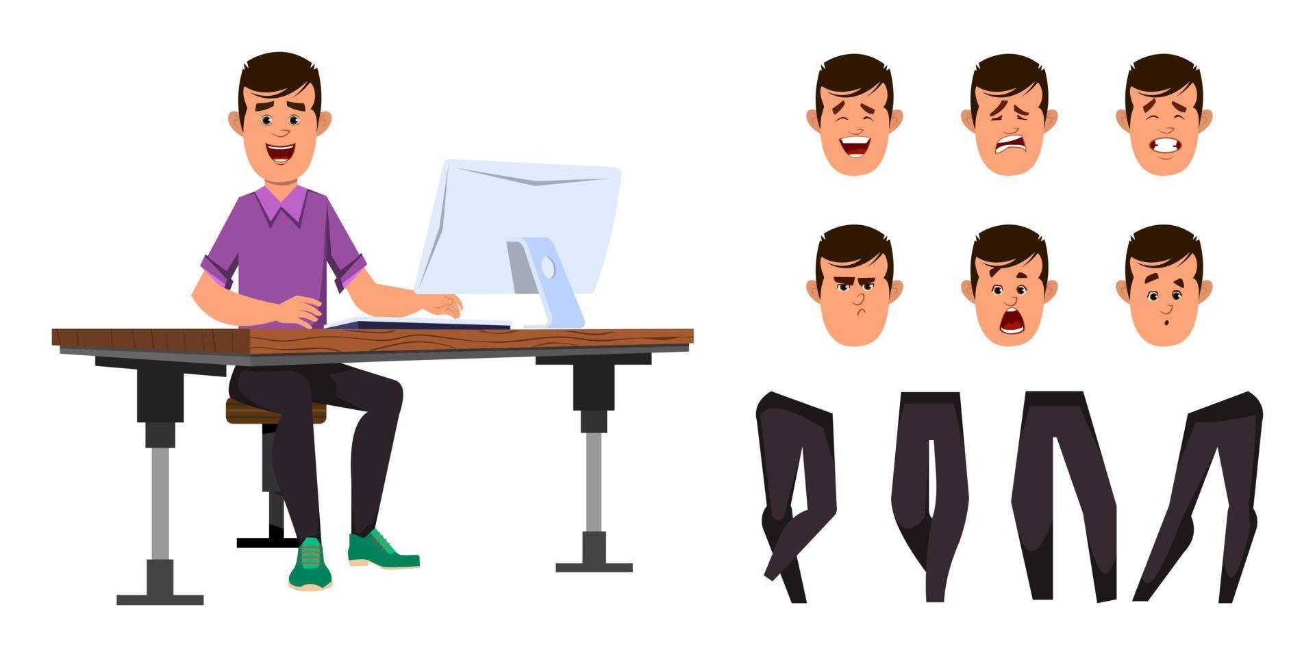 Office worker character set. casual worker boy character set for animation or motion with different facial emotions and hands vector