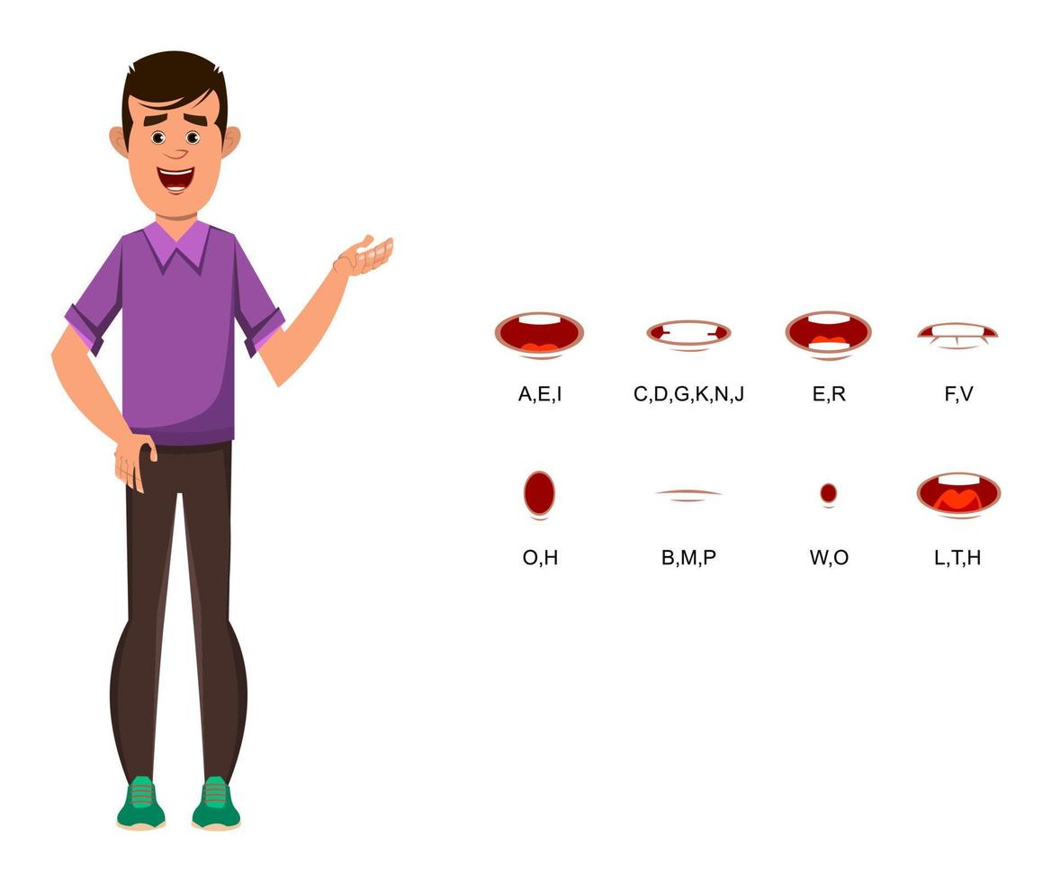 Personaje de dibujos animados de chico casual con sincronización de labios diferente para diseño, movimiento o animación. vector