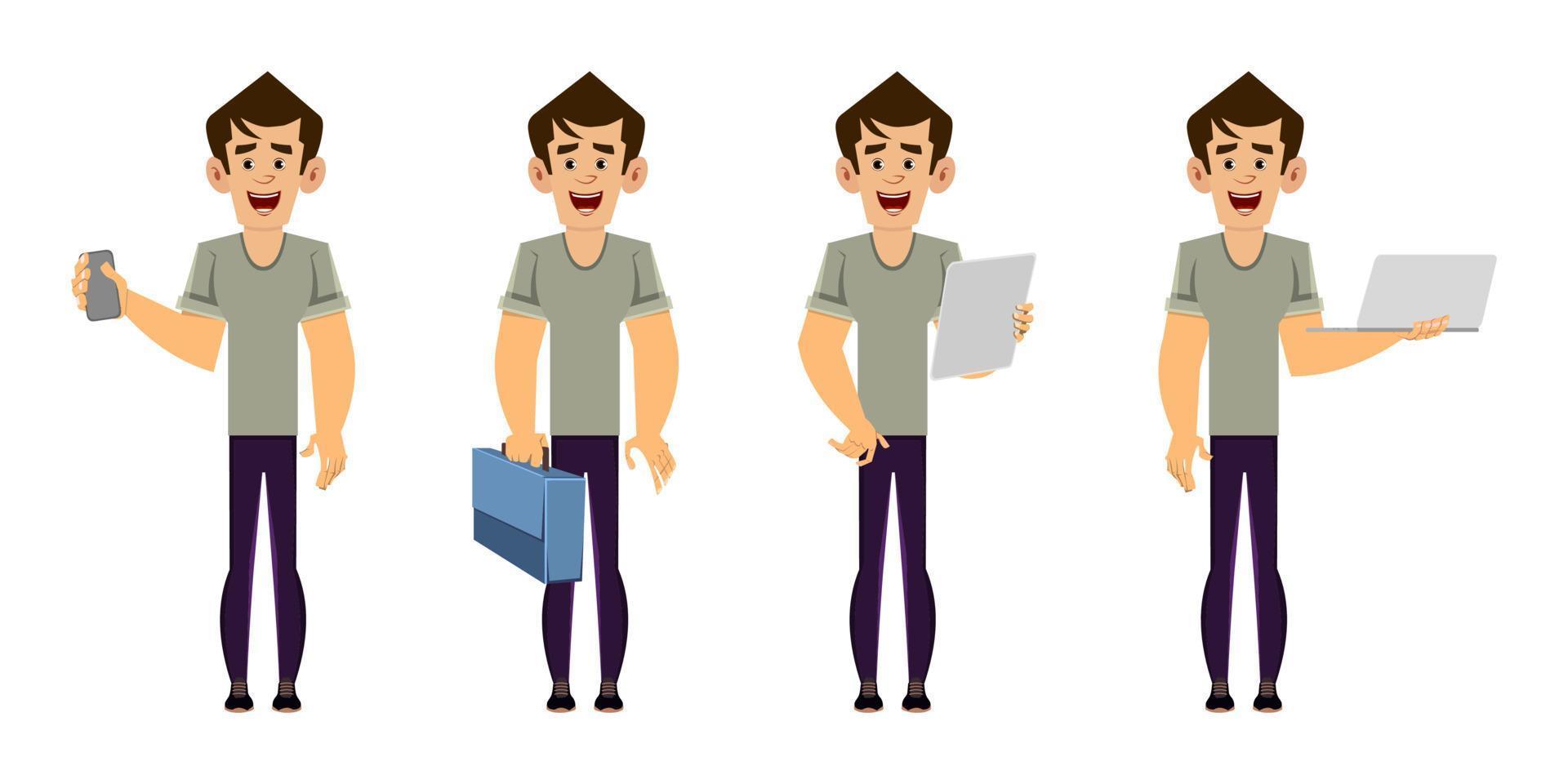 casual man cartoon character in different poses vector