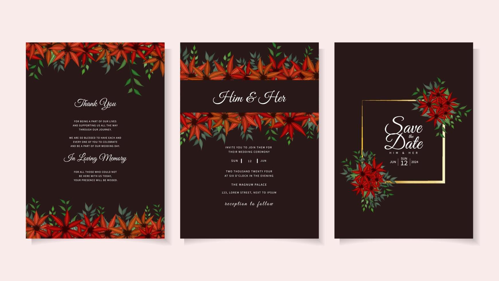 Floral Wedding card template flowers botanic invite Save the date RSVP vector