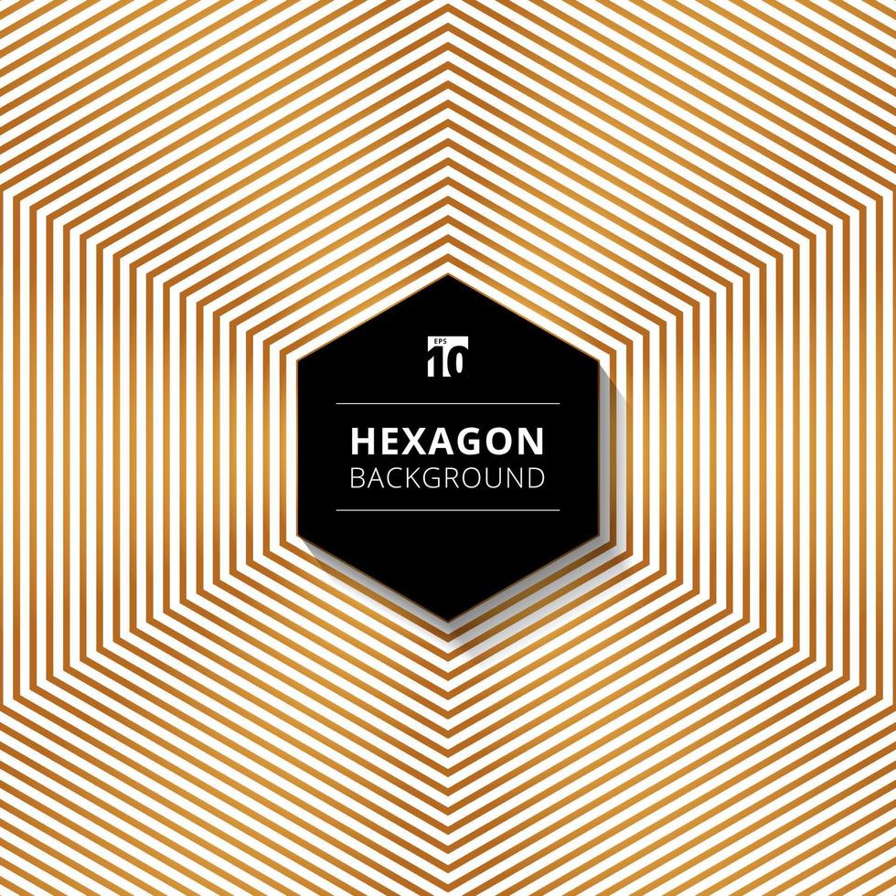 Abstract gold color hexagons lines pattern background with black hexagon text box design on white background. vector