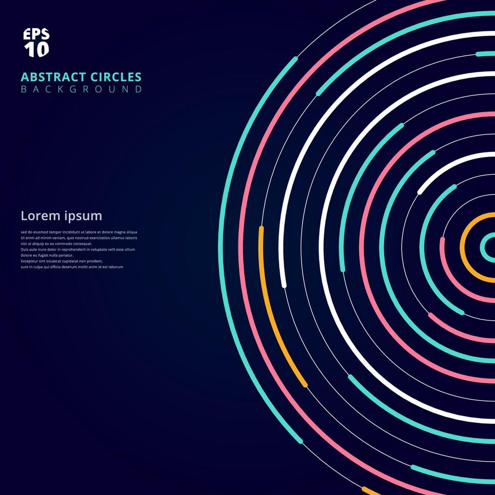 Abstract template colorful lines bright circles pattern on dark background. vector