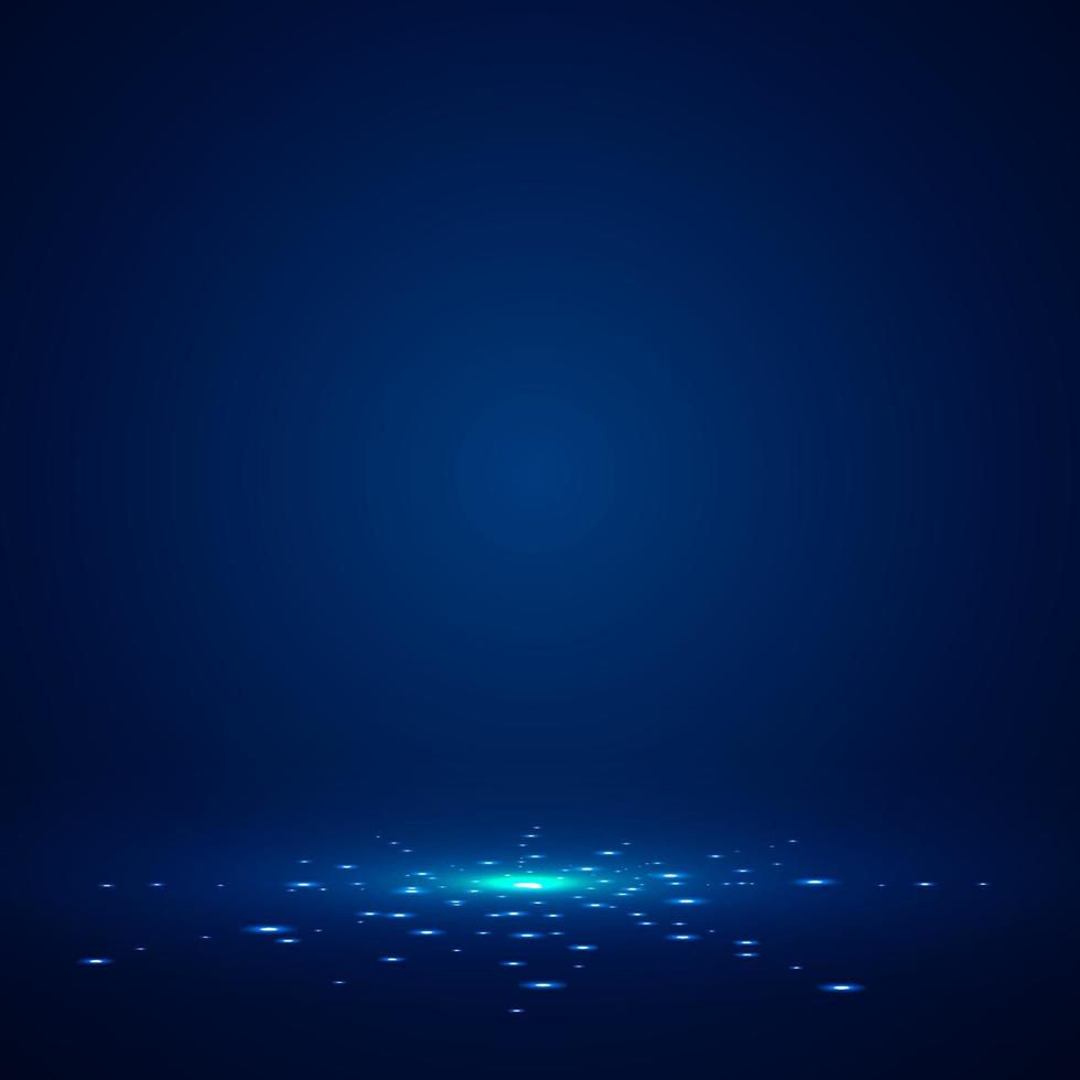Blue stage background with light rays of spotlight and falling sparkling. vector