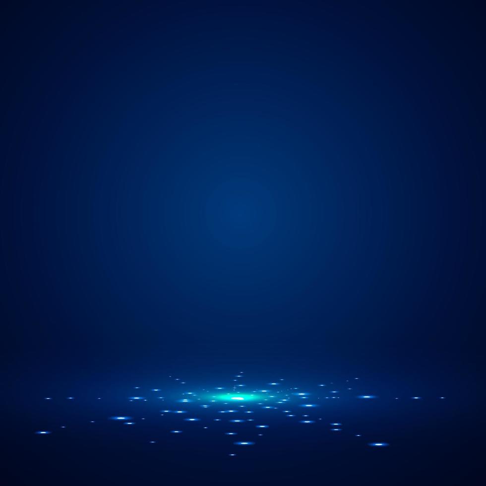 Blue stage background with light rays of spotlight and falling sparkling. vector