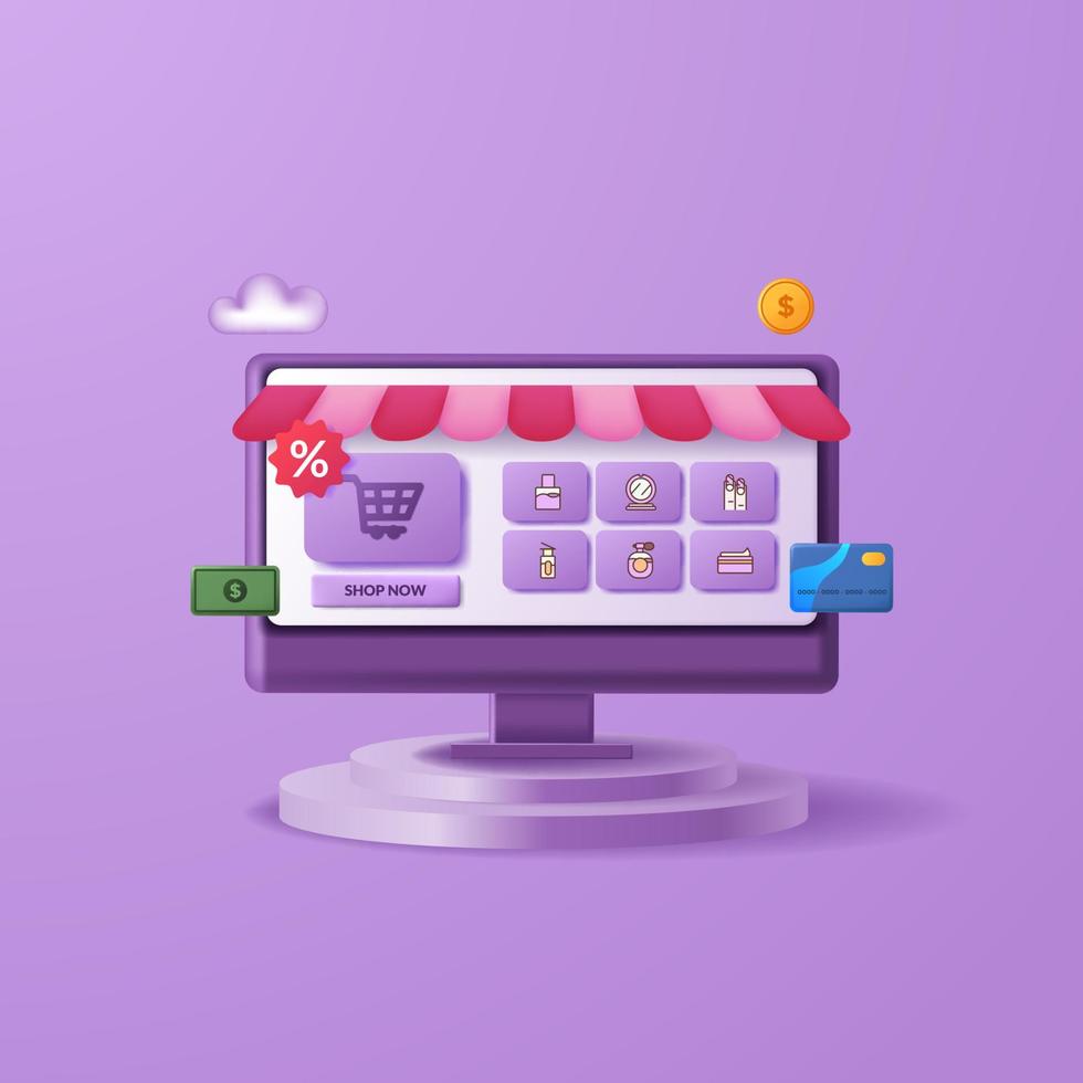 Desktop computer online shopping eccomerce design with 3d icon element for marketing and business vector