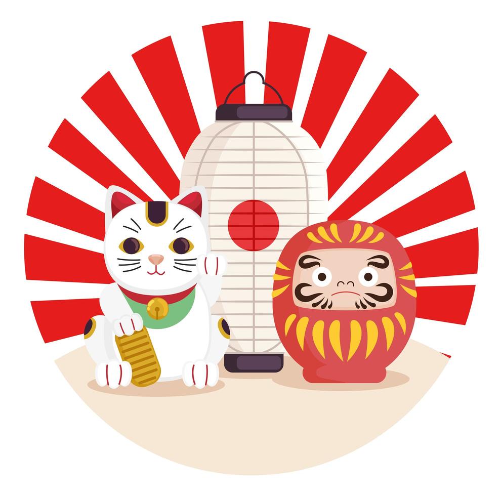 linterna de gato de la suerte y daruma vector