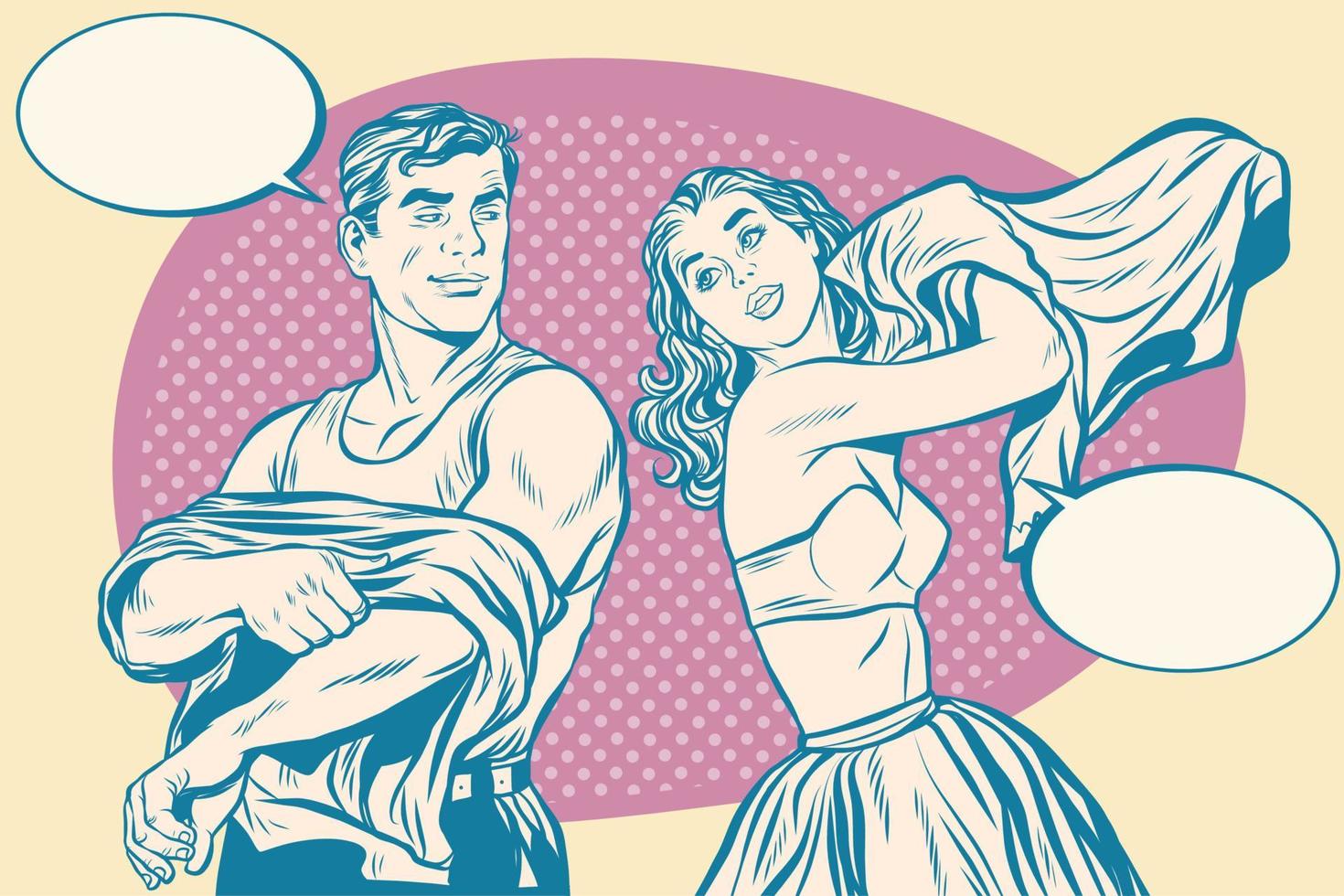 Retro man and woman in the morning wearing clothes vector