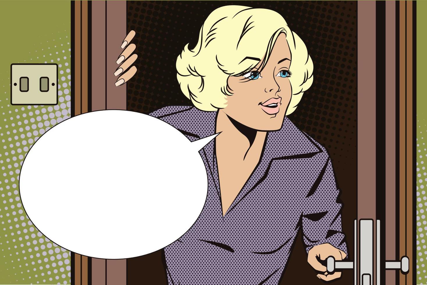 Stock illustration. People in retro style pop art and vintage advertising. Girl peeks in the door vector