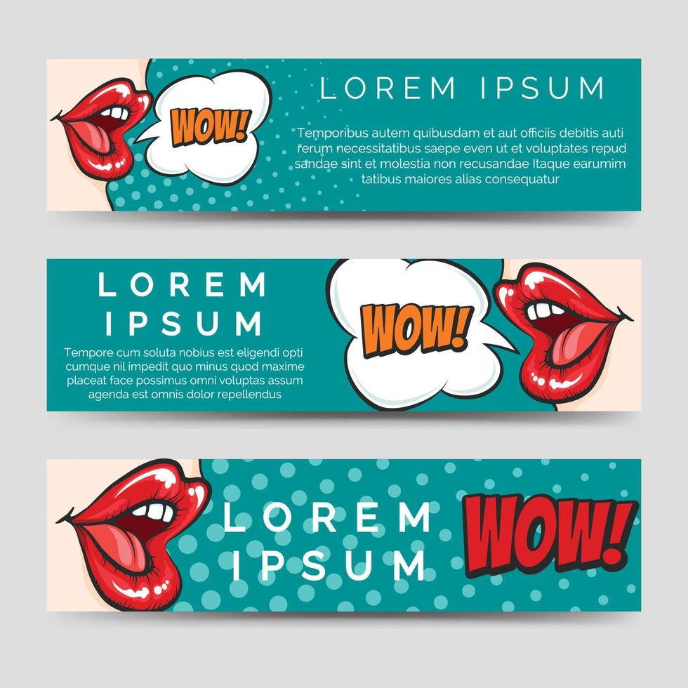 Horizontal banners template in pop art style with lips and speech bubbles. Vector illustration