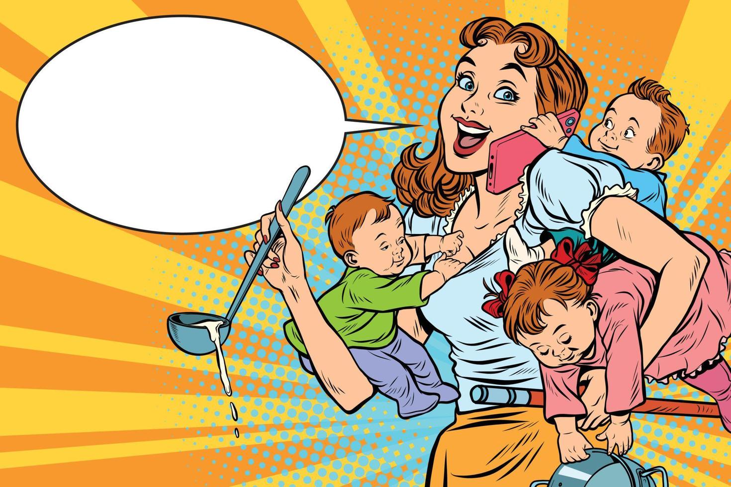 Cheerful mother with three children working and talking on the phone vector