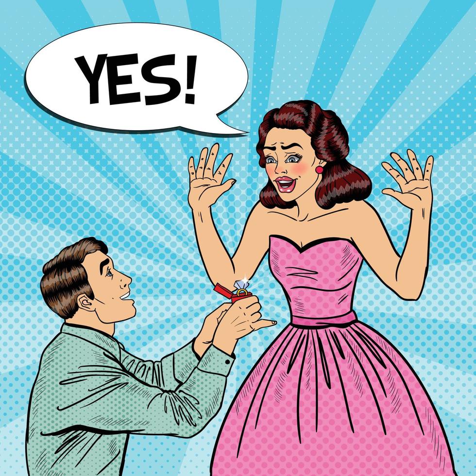 Pop Art Man Doing Marriage Proposal to his Girlfriend with Wedding Ring. Vector illustration