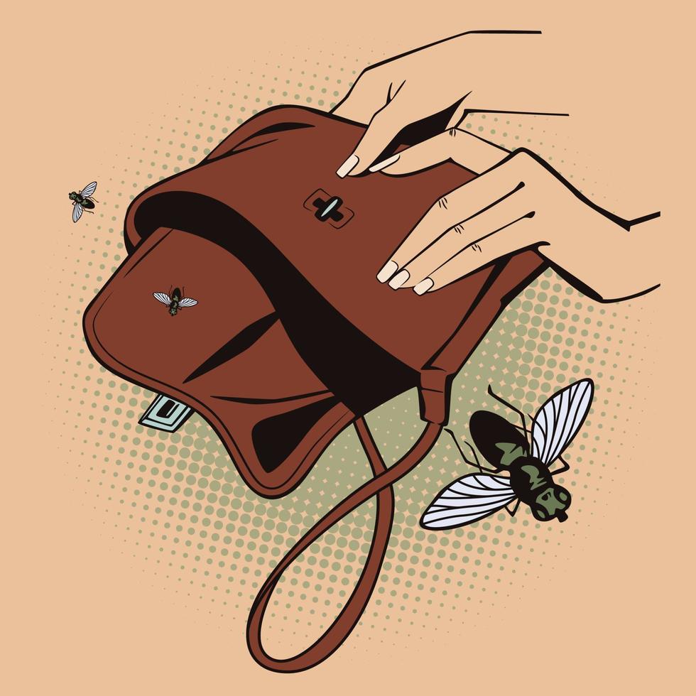 Stock illustration. Style of pop art and old comics. Flies fly out from empty handbag. vector