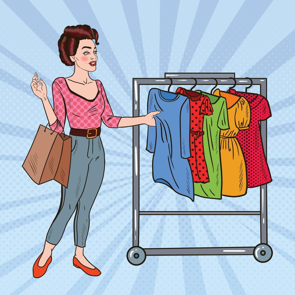 mujer del arte pop con bolsas de la compra eligiendo vestido nuevo. ilustración vectorial vector