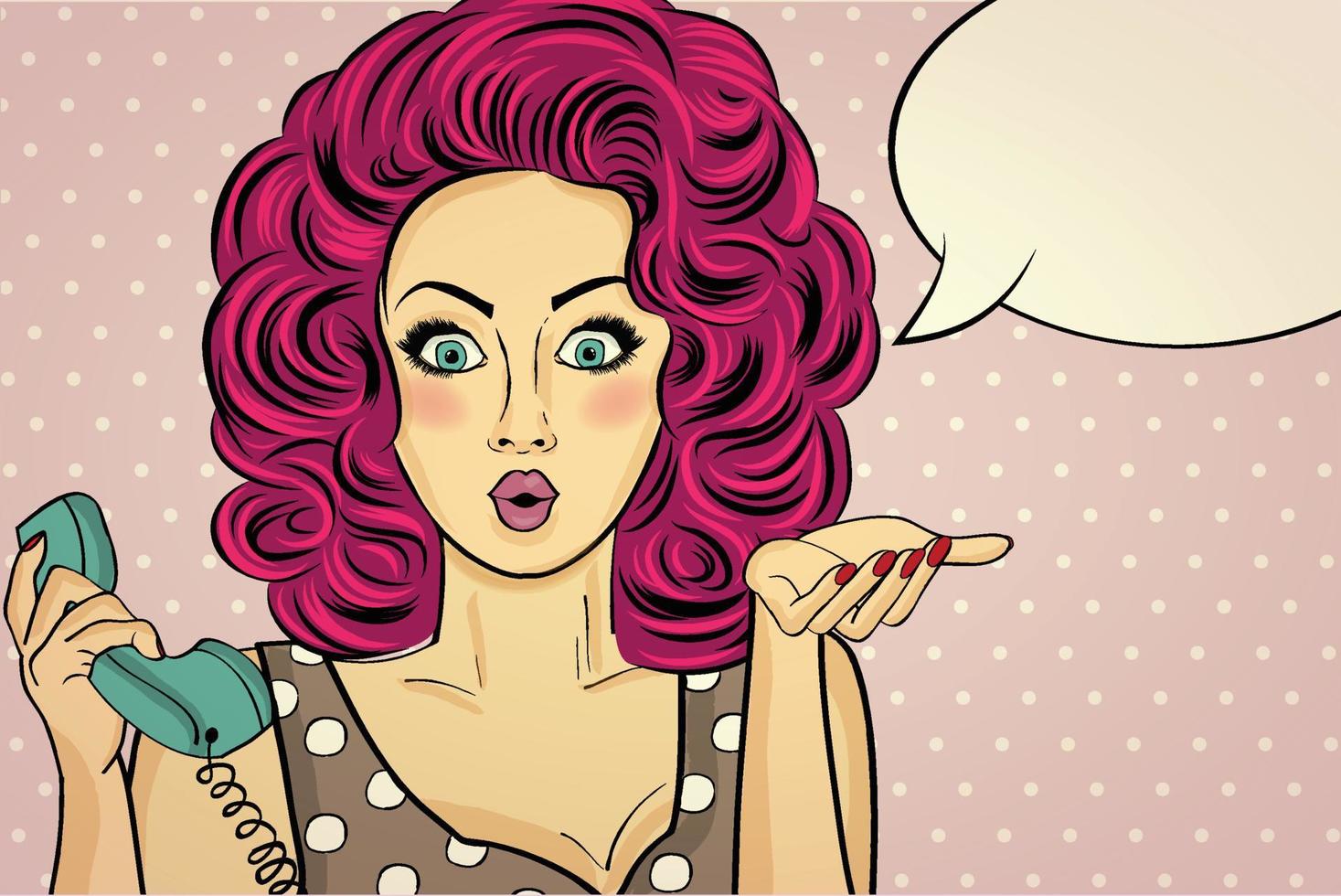 Surprised pop art woman with retro phone, who tells her secrets. Pin-up girl. vector