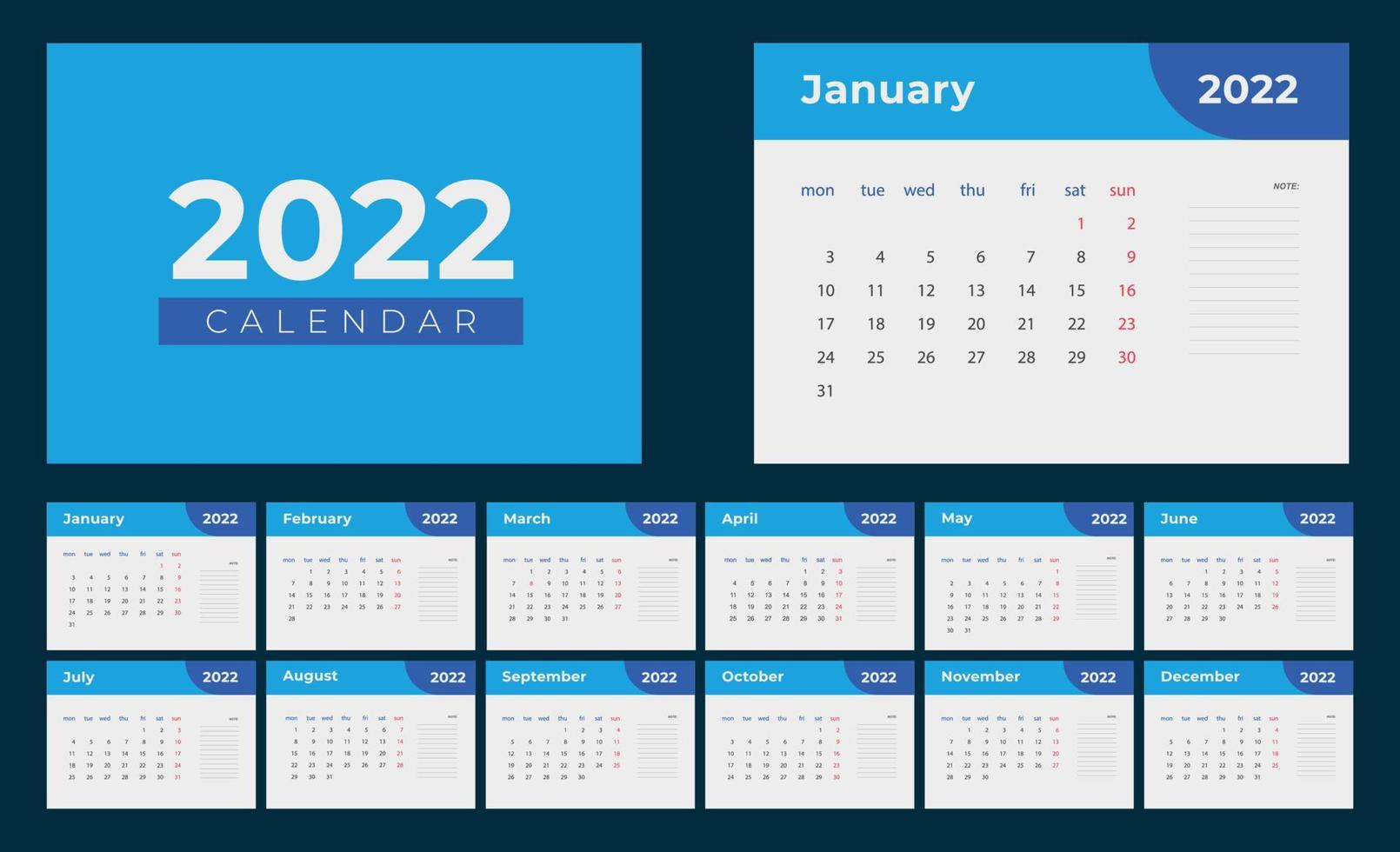 Plantilla de calendario 2022 para empresas. planificador de calendario de escritorio azul a partir del lunes vector