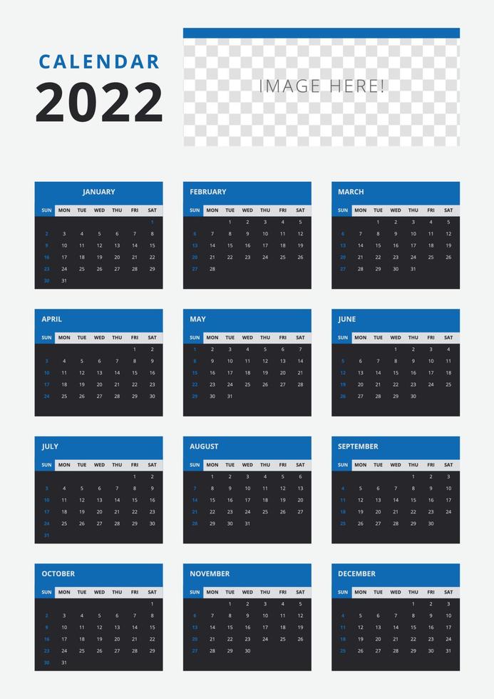 2022 calendar template set for corporate. blue calendar planner start from sunday vector