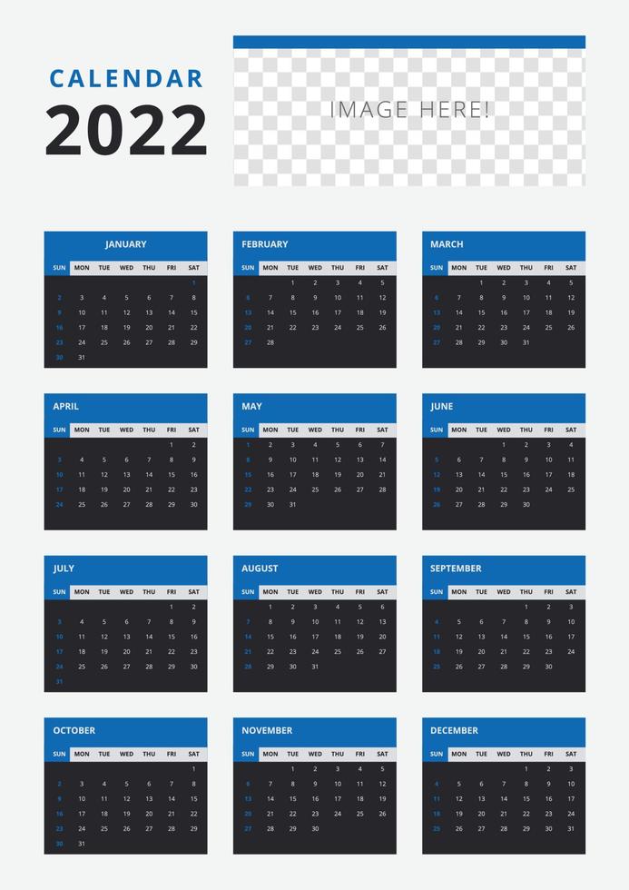 Plantilla de calendario 2022 para empresas. planificador de calendario azul a partir del domingo vector