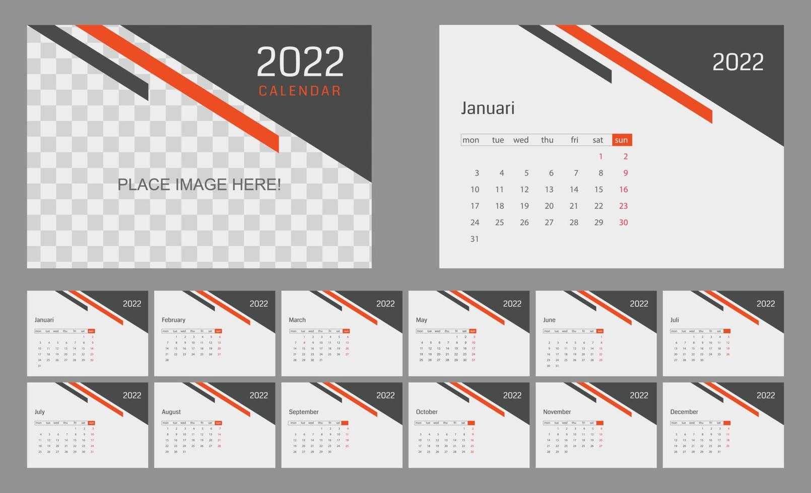 2022 calendar template set for corporate. red desk calendar planner start from monday vector