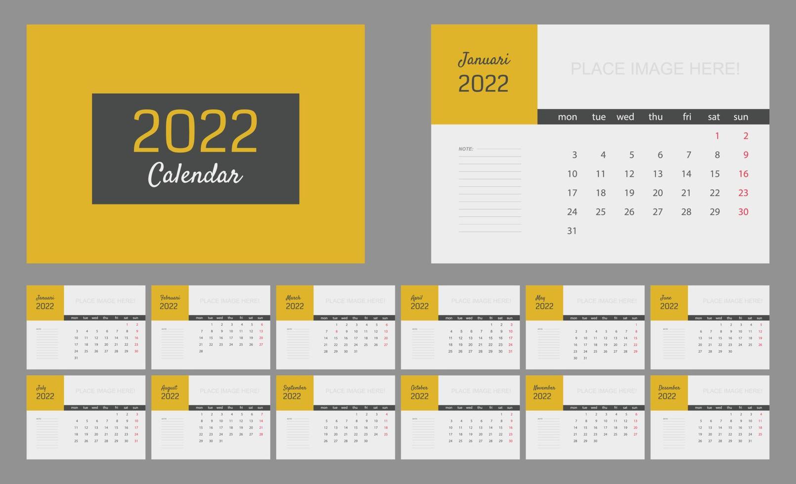 2022 calendar template set for corporate. yellow desk calendar planner start from monday vector