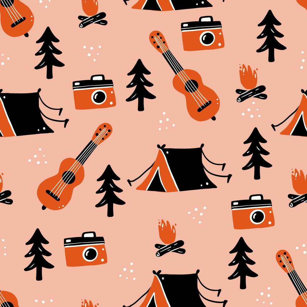 Hand drawn seamless pattern of camping equipment vector