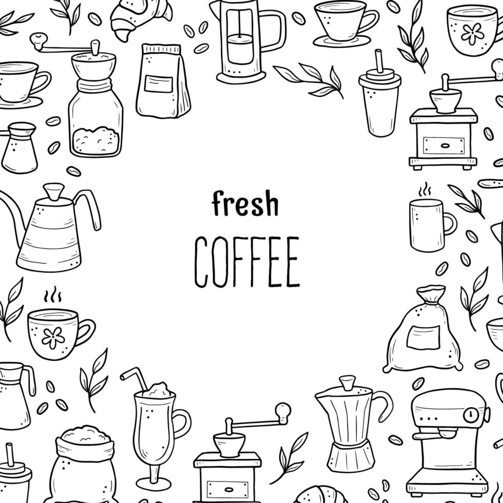 Hand drawn icons around Fresh Coffee inscription vector