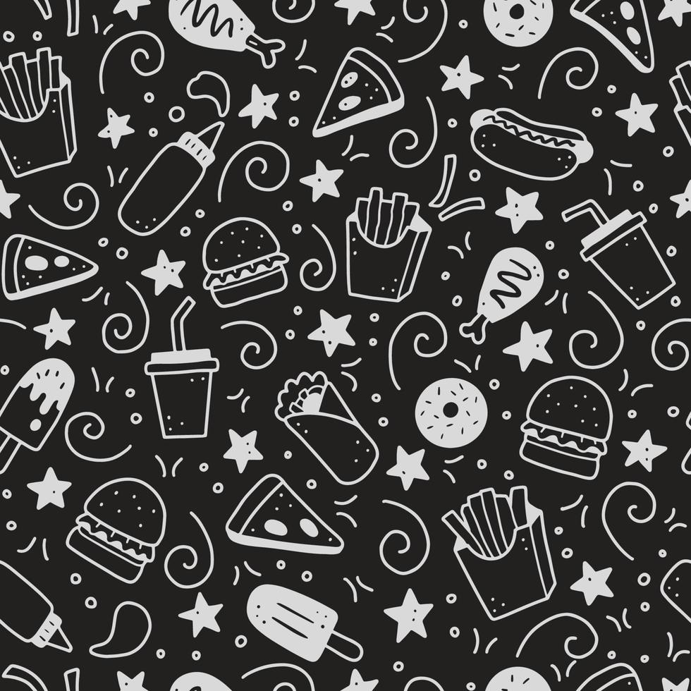 Hand drawn seamless pattern of fast food doodle. Vector illustration.