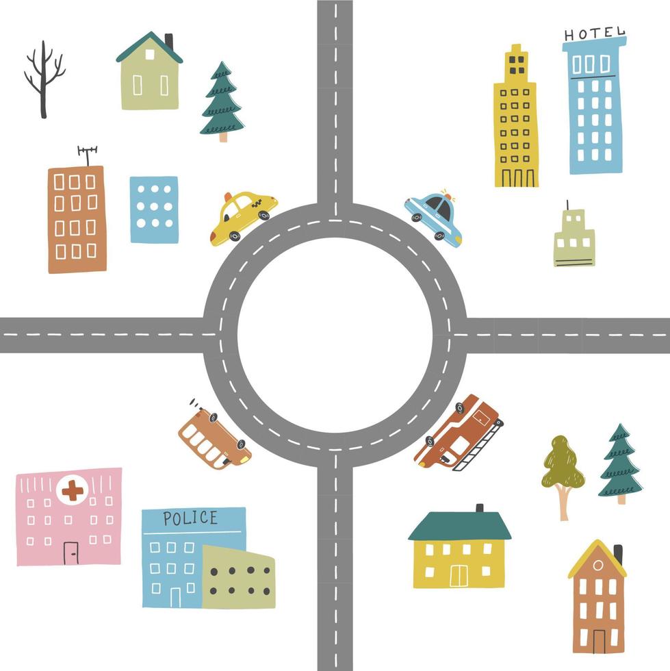 Mapa de la ciudad para niños de transporte y carretera. ilustración vectorial. vector