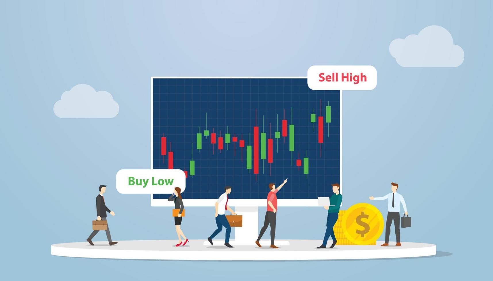 Concepto de estrategia de mercado de valores de venta en corto con datos de análisis de personas en un gráfico con estilo plano moderno vector