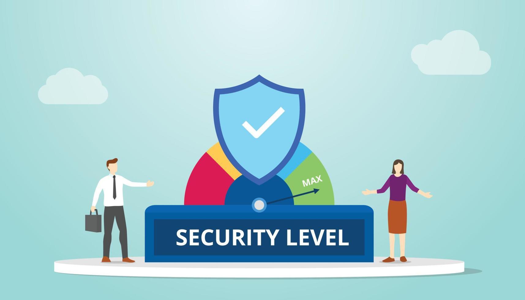 security level concept with secure badge and people team work together with modern flat style vector