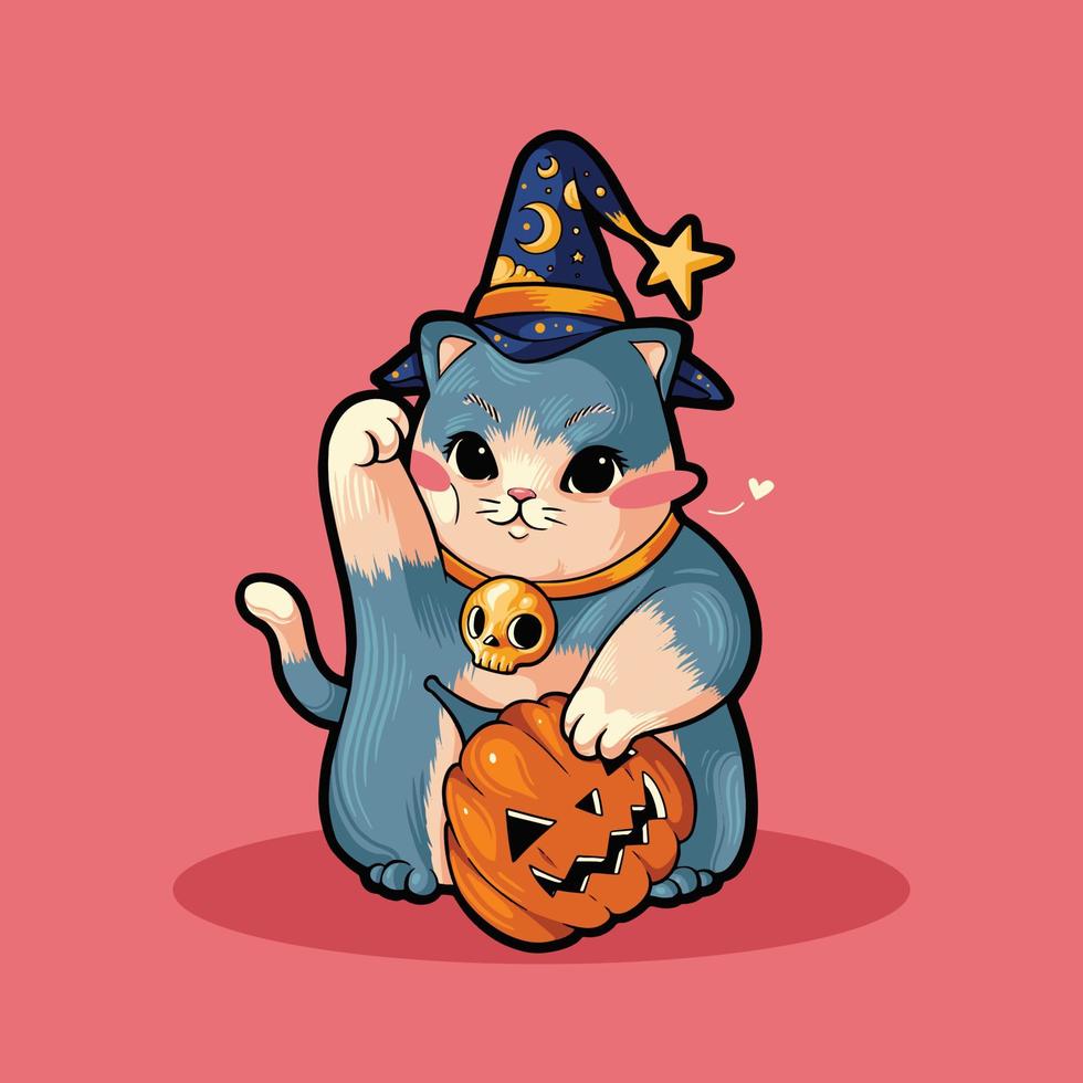 mago lindo gato halloween vector