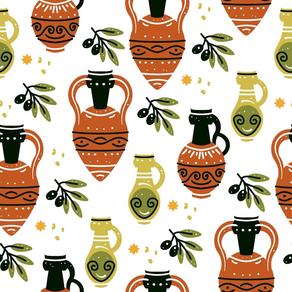 Seamless pattern with ancient Greek vases, amphoras and olive branch vector