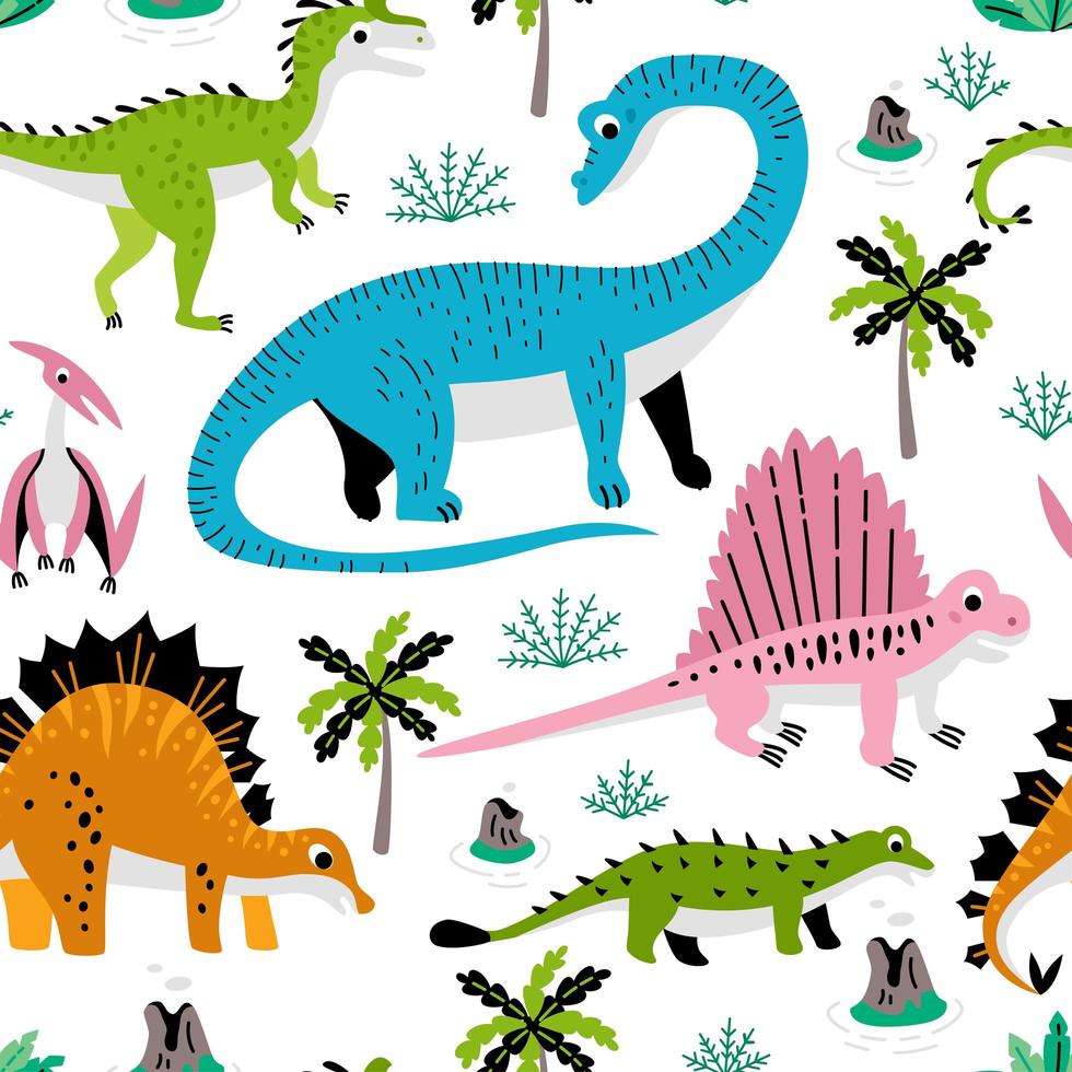 Childish seamless pattern with hand drawn Dino, textile stock illustration vector