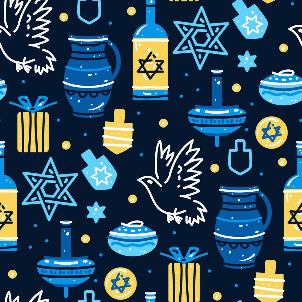 patrón sin fisuras tradicional de hanukkah con símbolos de la fiesta judía. vector