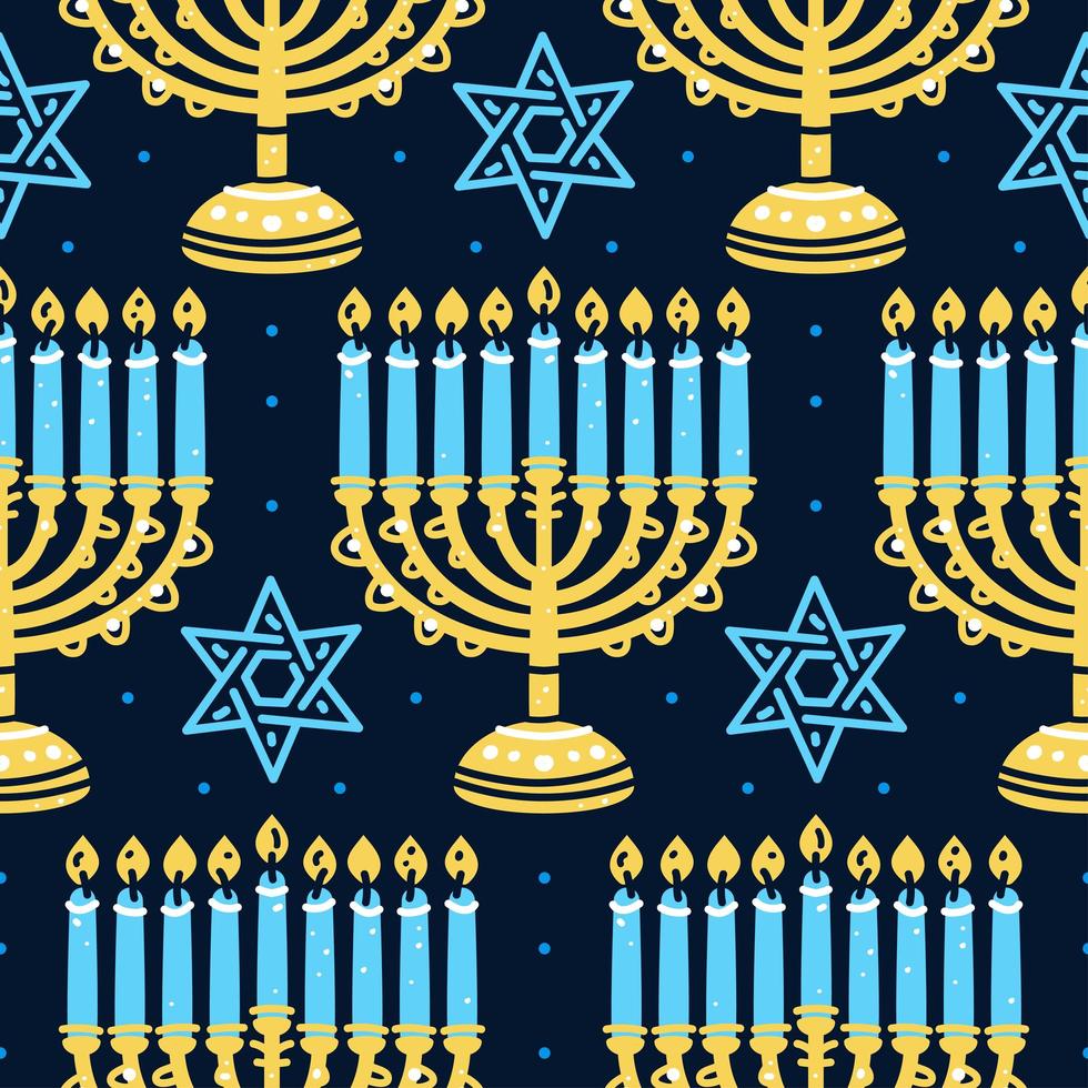 Happy Hanukkah pattern with menorah, traditional candles seamless. vector
