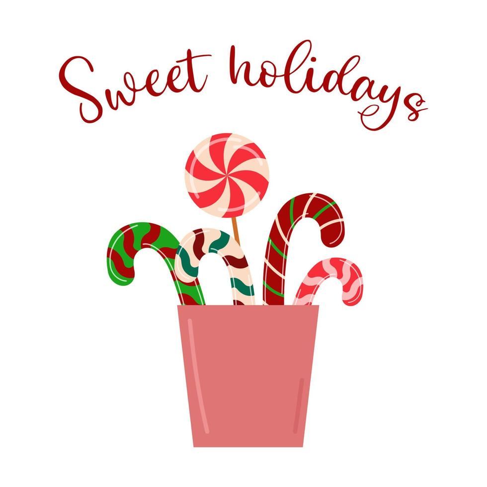 dulces navideños y piruletas. soporte decorativo aislado. texto de dulces vacaciones. ilustración de tarjeta de felicitación de vector