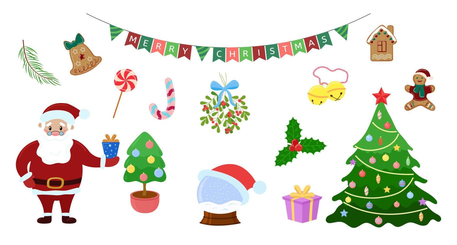 Christmas set. Holiday decorations, ornaments and elements isolated on white background. Vector flat collection
