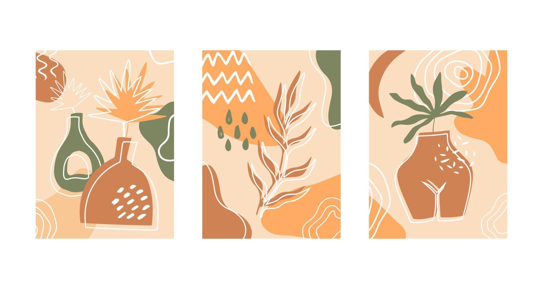 Set of compositions with exotic leaves and abstract vases. Trendy collage for design in an ecological style. Abstract Plant Art design for print, cover, wallpaper. vector