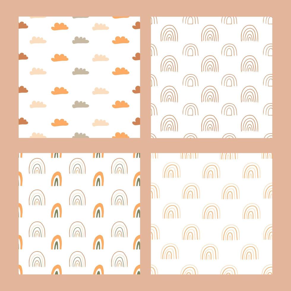 Set seamless vector pattern with cute boho rainbows and clouds