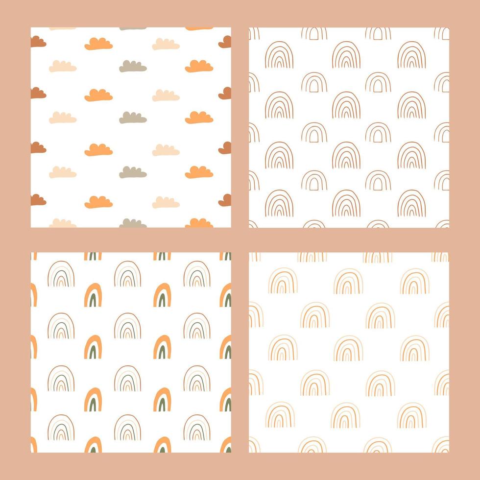 Set seamless vector pattern with cute boho rainbows and clouds