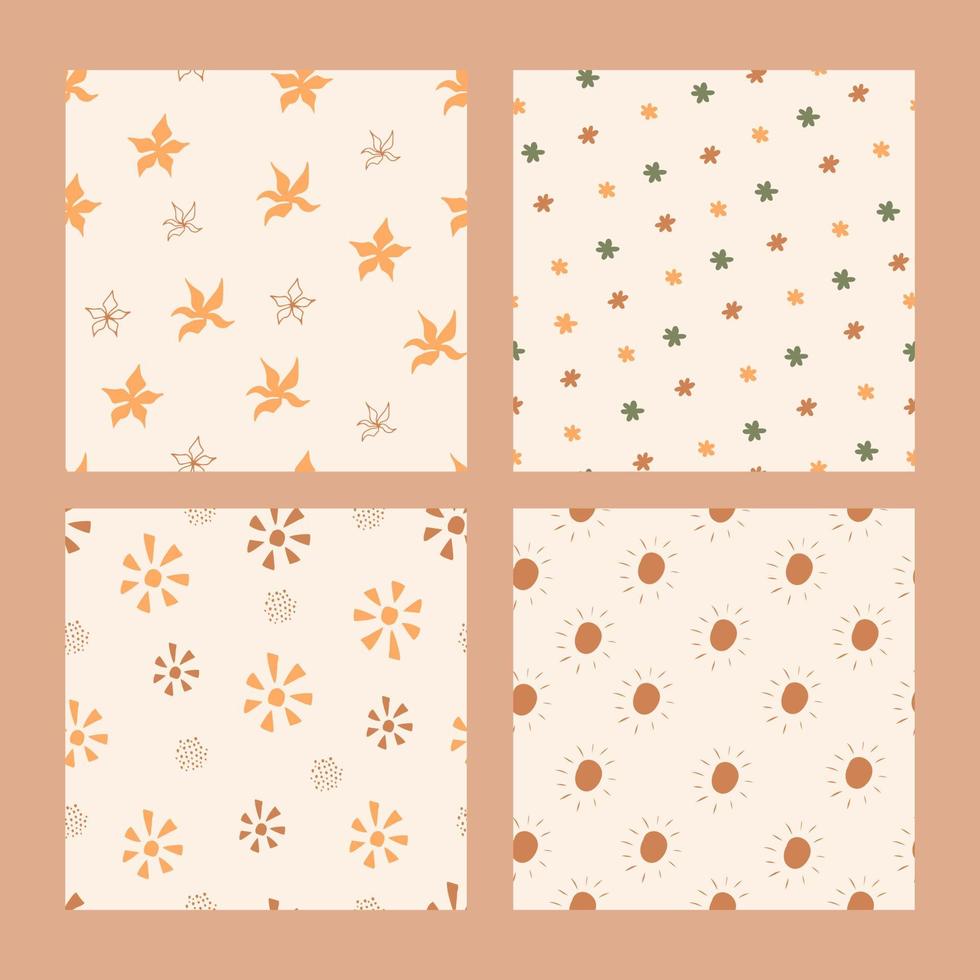 Set seamless vector pattern with sun and flowers in boho style