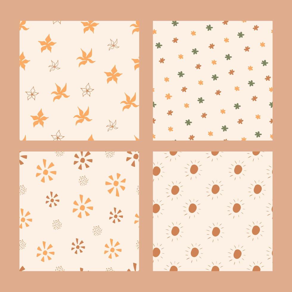 Set seamless vector pattern with sun and flowers in boho style