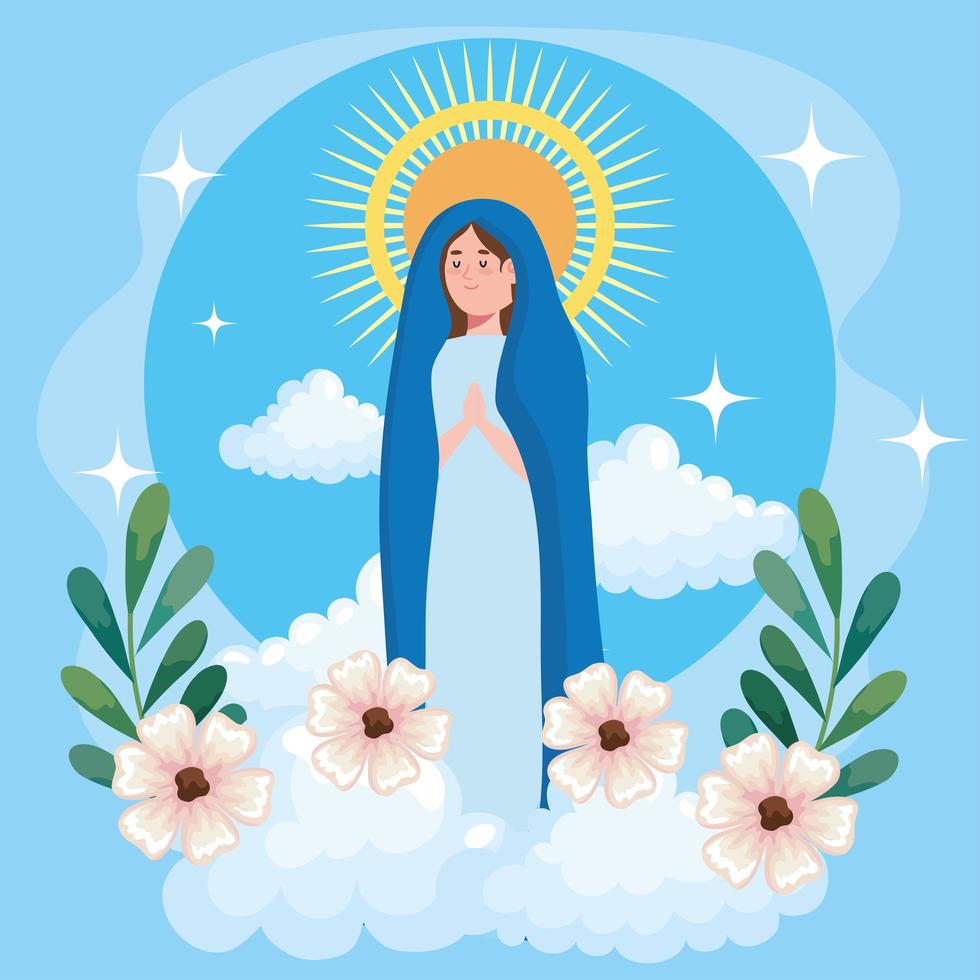 asunción de maría con flores y nubes vector