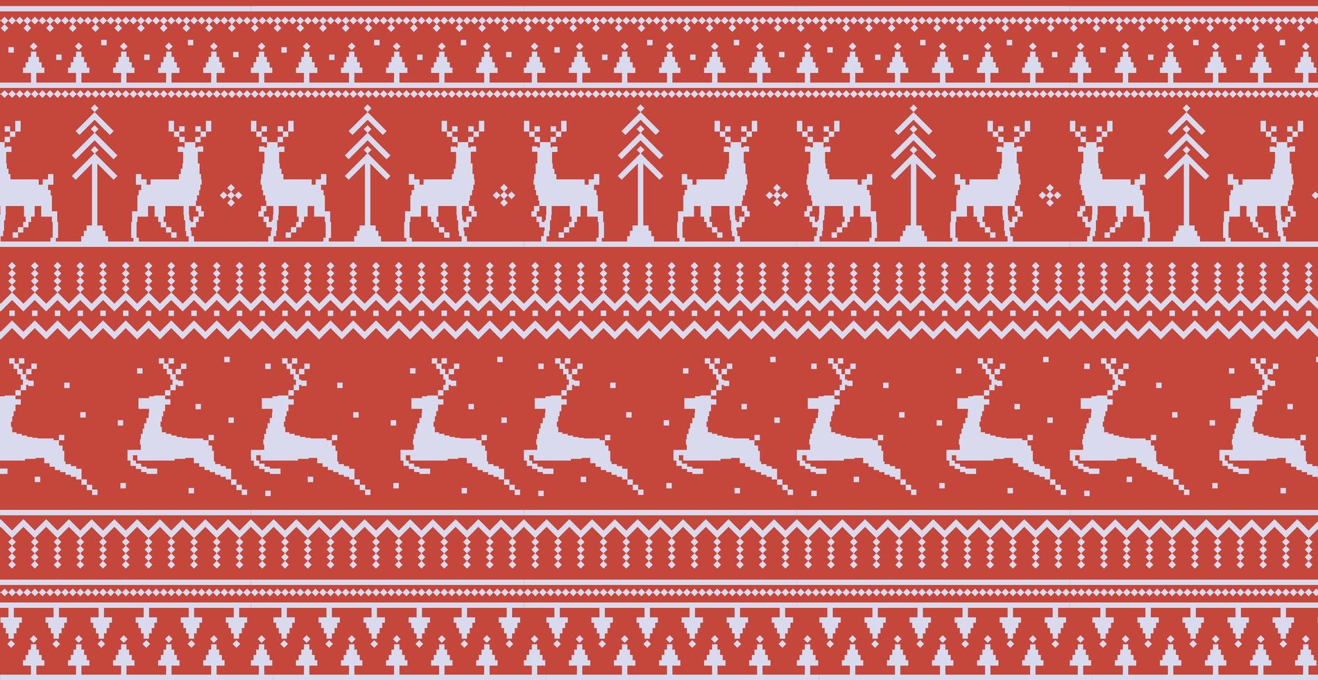 Christmas red panoramic background with drawings of deer and patterns of the holiday - Vector