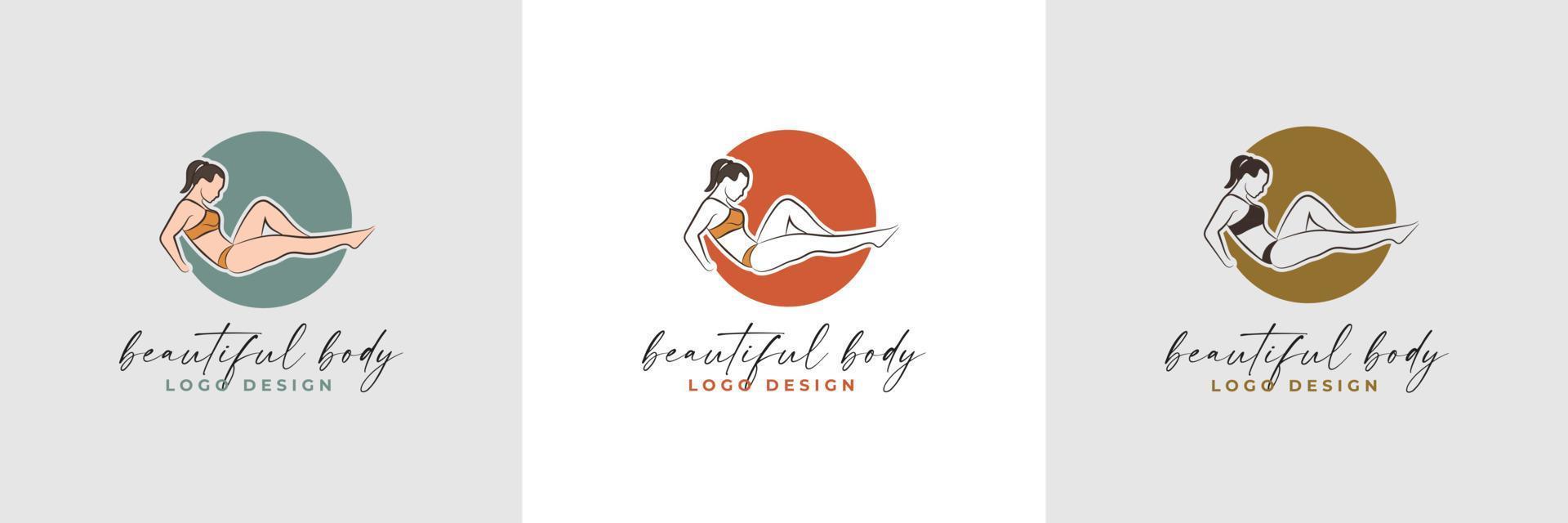 Silhouette and line art of beautiful woman body and female fitness logo template collection vector