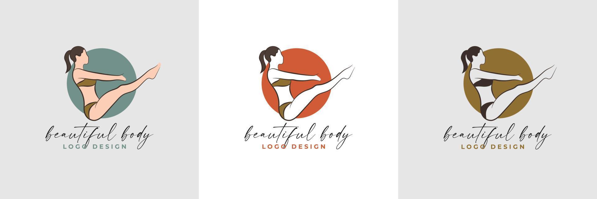 Silhouette and line art of beautiful woman body and female fitness logo template collection vector