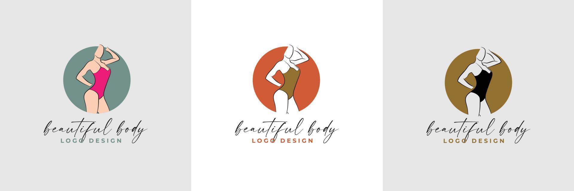 Silhouette and line art of beautiful woman body and female fitness logo template collection vector