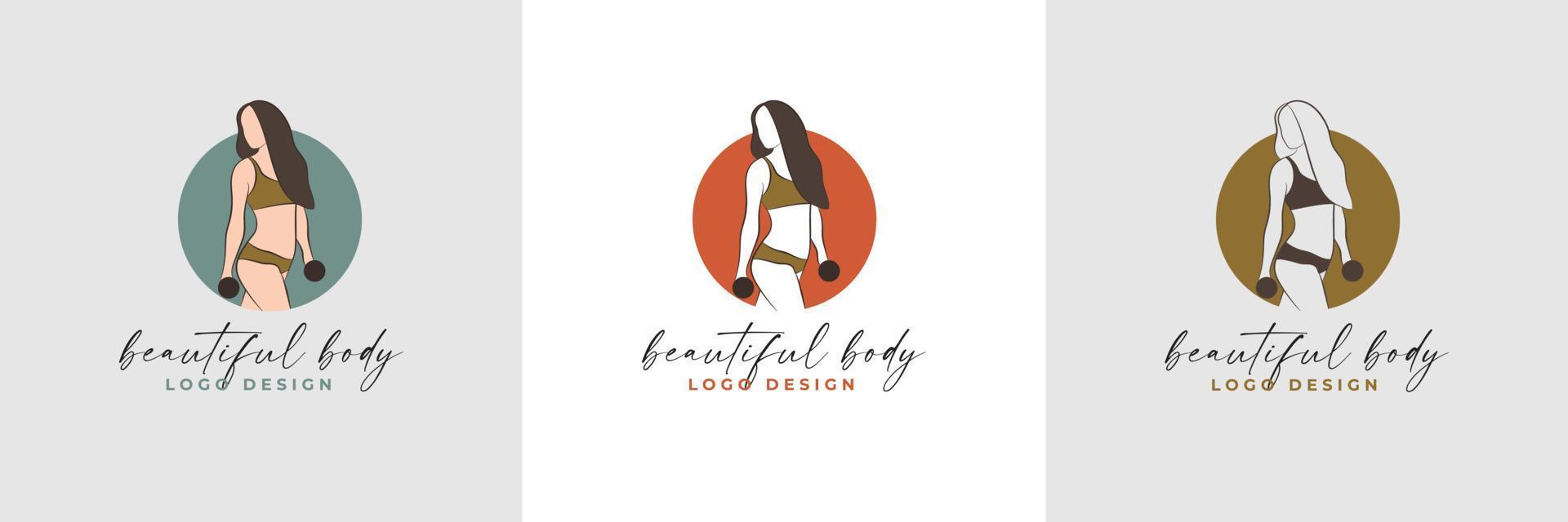 Silhouette and line art of beautiful woman body and female fitness logo template collection vector